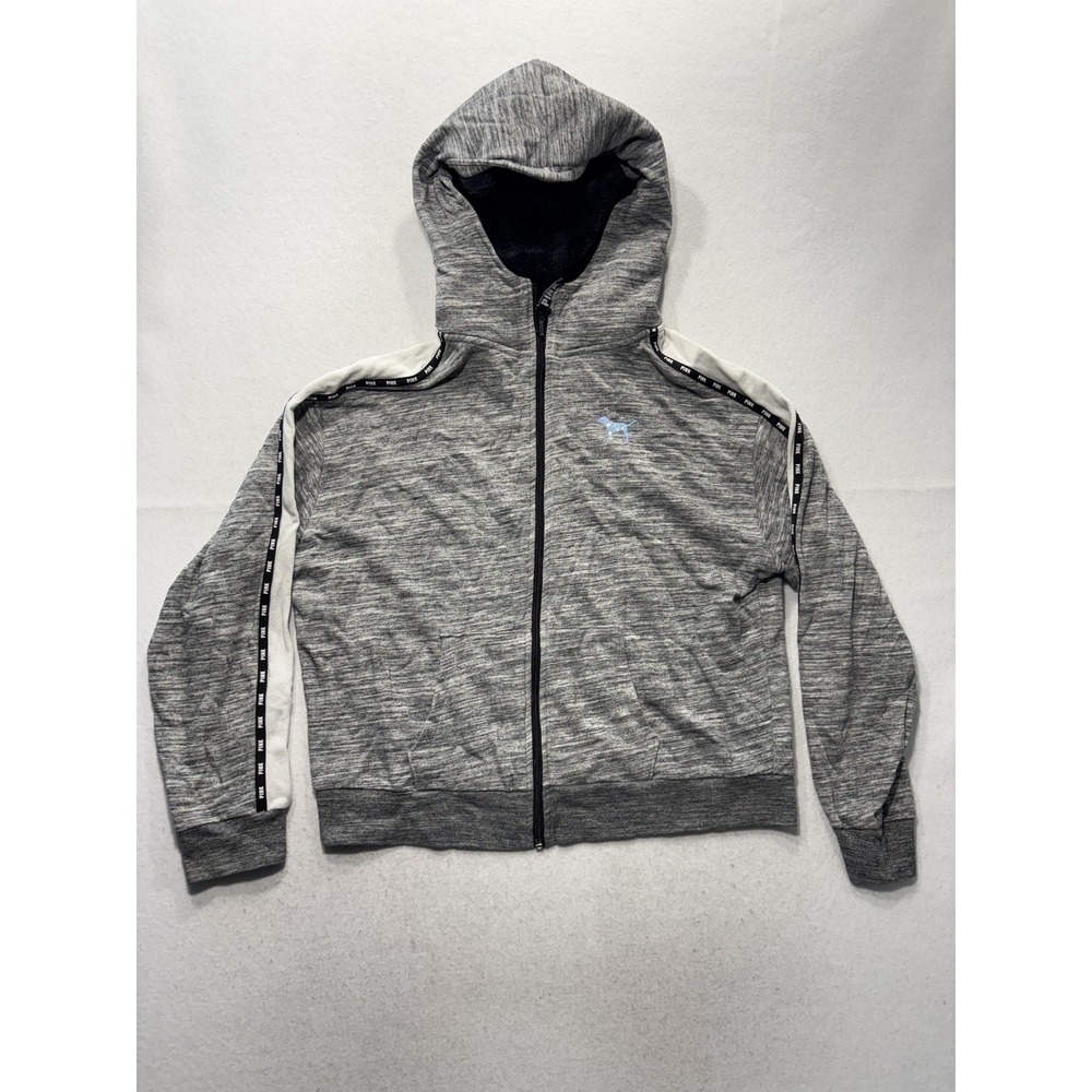PINK Victoria's Secret Hoodie Womens L Gray Full Zip Sequin Logo Tape Sleeve